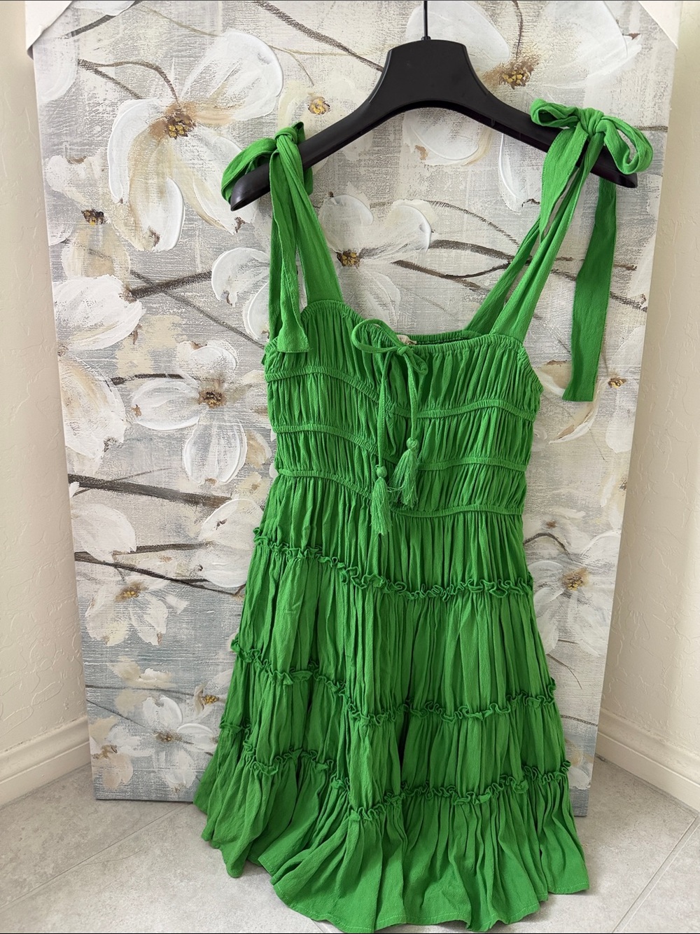 Unisa Bright Green Smocked Tie-Shoulder Dress